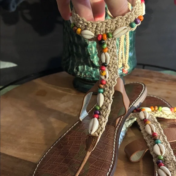 NWOT Sam Edelman Beaded Brown Thong Sandals Leather Size 10 - Picture 7 of 7